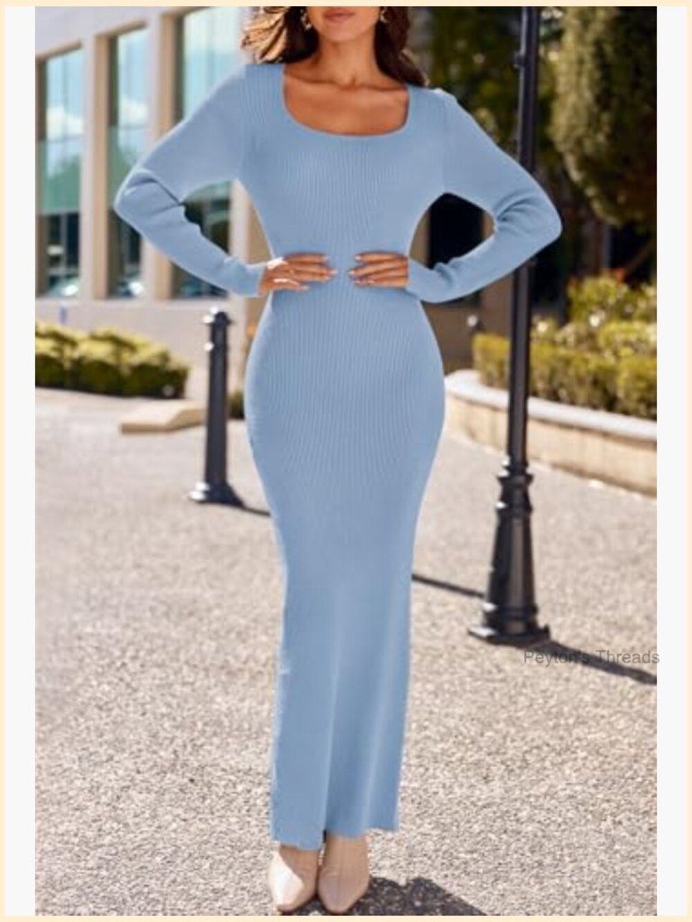 Long Sleeve Bodycon Sweater Dress Square Neck Ribbed Knit Maxi Dress - Picture 2 of 7